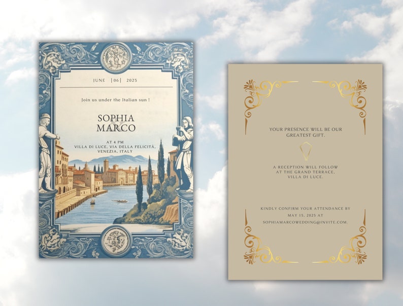 Italy Wedding Invitation Template, Two Sided Invitation, Editable