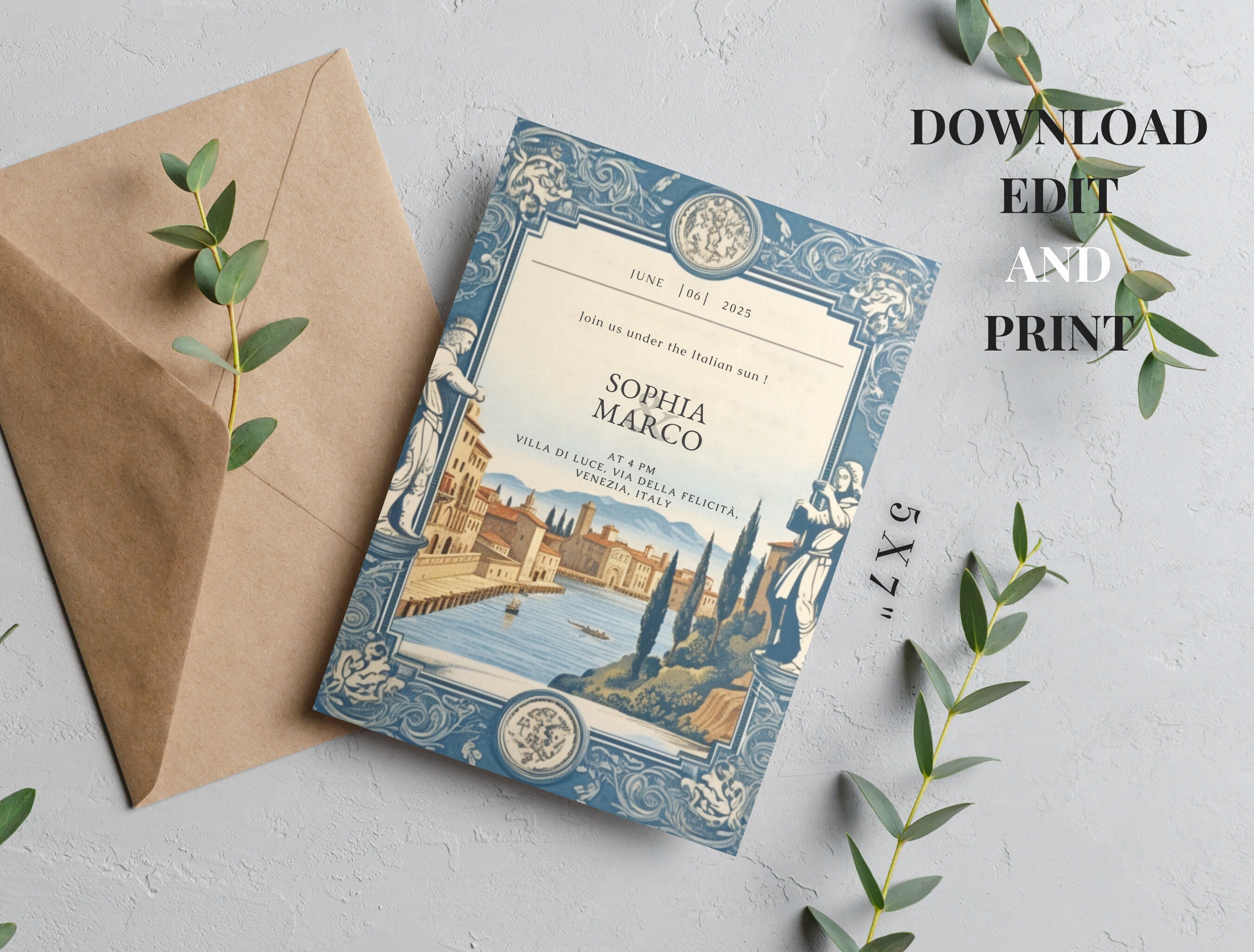 Italy Wedding Invitation Template, Two Sided Invitation, Editable