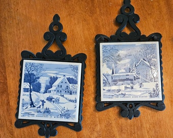 Trivit set Currier and Ives Cast Iron Ceramic Tile Wall Hanging Kitchen Decor Winter Homestead Home Wilderness Farm Lodge Woods Rustic