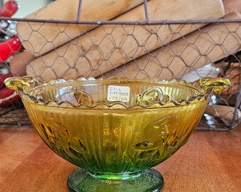 Glass Bowl, Iris and Herringbone Pattern Glass Candy Dish. Colorized amber and green candy dish