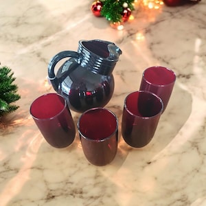 Ruby Red Anchor Hocking Roly Poly Pitcher married to set of 4 vintage Ruby Red juice glasses. Art Decor/MCM