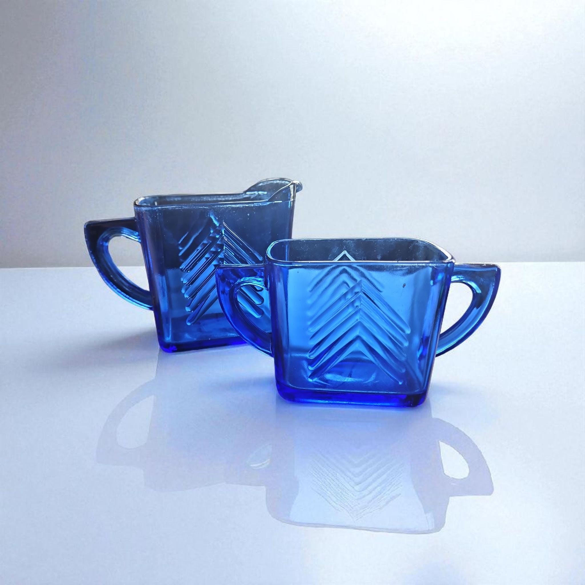 Hazel Atlas Cobalt Blue Depression Glass Chevron Creamer and Sugar