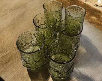 VTG Anchor Hocking Rainflower Avocado Green Juice Glass 6 oz Embossed Glass 4&quot; set of 6