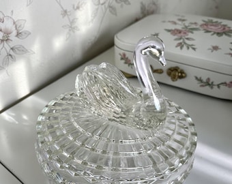 Vintage Jeannette Glass Company swan face powder dish with a lipstick holder