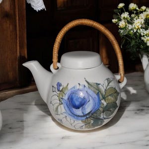 Vintage Arabia FINLAND Hand Painted Blue Rose Floral Design Teapot with Rattan handle