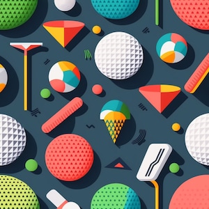 Golf-Inspired Pattern features a variety of golf-related motifs, including golf balls, clubs, golf carts 9 "Clip Art"