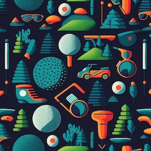 Golf-Inspired Pattern features a variety of golf-related motifs, including golf balls, clubs, golf carts 4 "Clip Art"