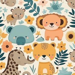 Newborn Adorable Image, Pattern including elephants, giraffes, and lions 7 "Clip Art"