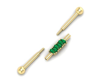 14k Gold Emerald Industrial Barbell Piercing: Unisex Ear Pin