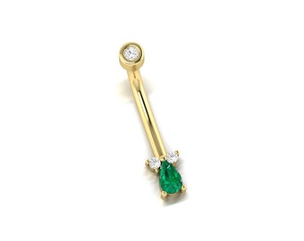 14K Navel Piercing, Emerald Belly Button Ring, Rook Belly Eyebrow Lip Piercing, Gold Barbel Gemstone Diamond Belly Button Ring Girl Piercing