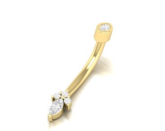 14K Yellow Gold Navel Piercing, Unisex Belly Button Ring, Rook Belly Eyebrow Lip Piercing, Gold Barbel, Diamond Stud Unisex Belly Button.