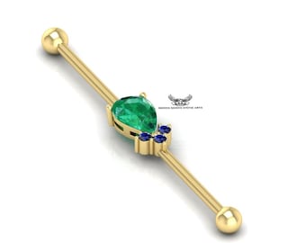 14k Gold Emerald Pear Industrial Barbell Piercing: Anti Helix Scaffold Jewelry
