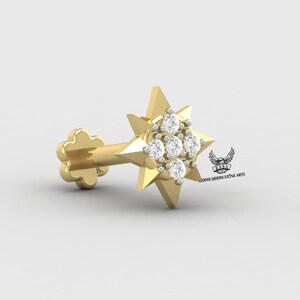 Natural Diamond Nose 14K Yellow Gold, Star Shape Nose Ring, Gold Nose Ring, Screw Back Nose Piercing Pin ,Hoop Nose Ring, Ladies Nose Ring.