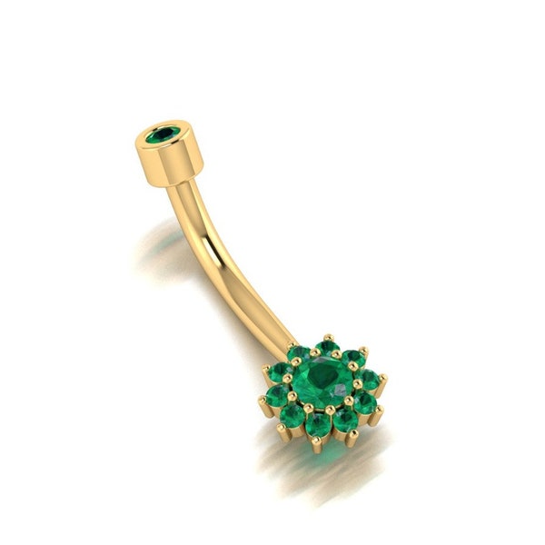 Emerald Navel Piercing, Emerald Belly Button Ring, Rook Bellty Eyebrow Lip Piercing, Gold Barbel Gemstone Diamond Belly Button Ring Piercing