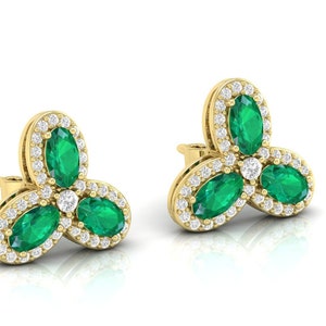 14k geelgouden oorbel, push-oorbel, damesoorbel, trouwoorbel, kleine push-oorbel, diamanten oorknopjes, smaragdgroene oorknopjes,