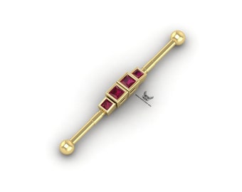 14k Gold Industrial Barbell Piercing: Natural Ruby Scaffold Earring