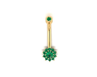 14K Yellow Gold Belly Piercing, Emerald Belly Button Ring, Rook Belly Eyebrow Lip Piercing, Gold Barbel, Unisex Belly Button Ring Piercing