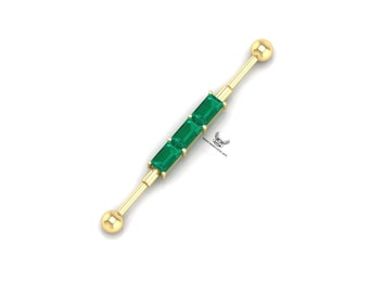 14k Gold Emerald Industrial Barbell Piercing: Baguette Scaffold Earring