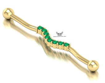 14k Gold Emerald Industrial Barbell Piercing: Scaffold Earring