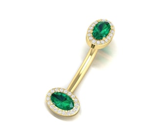 14k Navel Piercing, Emerald Belly Button Ring, Rook Belly Eyebrow Lip Piercing, Gold Barbel Gemstone Diamond Belly Button Ring Piercing.