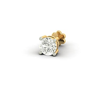 May include: A single, round-cut diamond nose stud with a gold setting. The diamond is clear and sparkling, held in place by four small prongs. The stud has a flower-shaped backing.