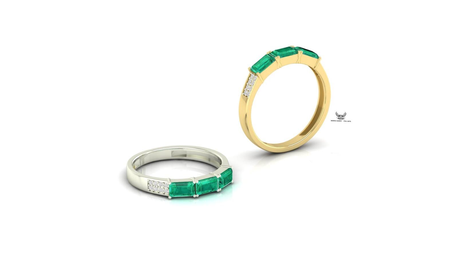 14k Yellow Gold Emerald Baguette Ring: Diamond Accent Anniversary Band