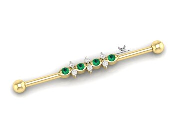 Diamond Emerald 14k Gold Industrial Barbell Piercing
