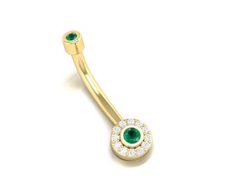 Natural Emerald Belly Button, 14k Navel Piercing, Emerald Belly Button Ring, Rook Belly Eyebrow Lip Piercing, Gold Barbel Belly Girl Ring.