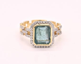 14k Yellow Gold Emerald Ring, Wedding Engagement Ring, Women Finger Ring, Diamond Stud Finger Ring, Ladies Ring, Anniversary Ring, Girl Ring