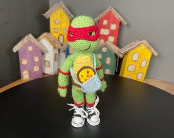 Handcrafted Crochet Ninja Turtle Toy with Pizza Bag . Amigurumi.