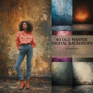 Peut inclure: Une femme portant une chemise rouge et un jean bleu se tient devant un mur texturé. L'image est un collage de 40 arrière-plans numériques différents, intitulé "40 Old Master Digital Backdrops by Fluffycious".