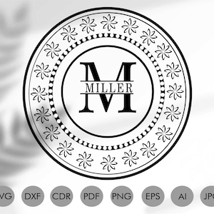 May include: Black and white monogram design with a decorative border. The monogram features the letter "M" and the name "MILLER" written below the letter.