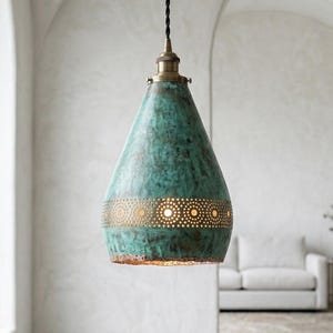 Handcrafted Copper Pendent Light – Perforated Dome with Green Patina for Kitchen Island, Rustic Ceiling Lamp