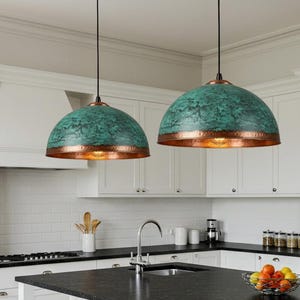 Set Of 2 Vintage Rustic Copper Dome Pendant Light - Industrial Farmhouse Kitchen Island Lighting - Teal Weathered Hanging Lamp Fixture