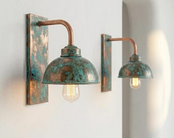 Set off 2 Handgefertigte kleine Wandleuchten aus patiniertem Kupfer | Grüne Wandleuchte | Mediterrane moderne Luxus-Wandbeleuchtung