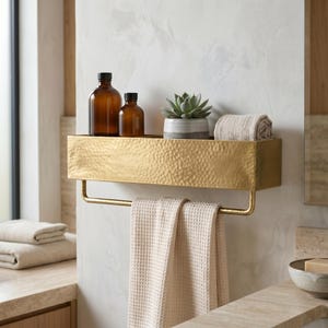 Hammered Brass Wall Shelf Tray with Towel Bar, Deep Bathroom Basket Rack, Handmade Brass Vanity Organizer, Luxury Floating Towel Holder