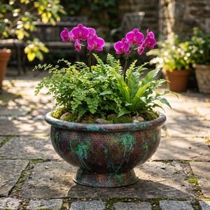Peut inclure: Une jardinière ronde en métal martelé avec une finition patinée cuivre et sarcelle. Le récipient en forme de bol contient un arrangement luxuriant d'orchidées magenta vibrantes et de fougères vertes, avec des petits galets lisses dans la terre.