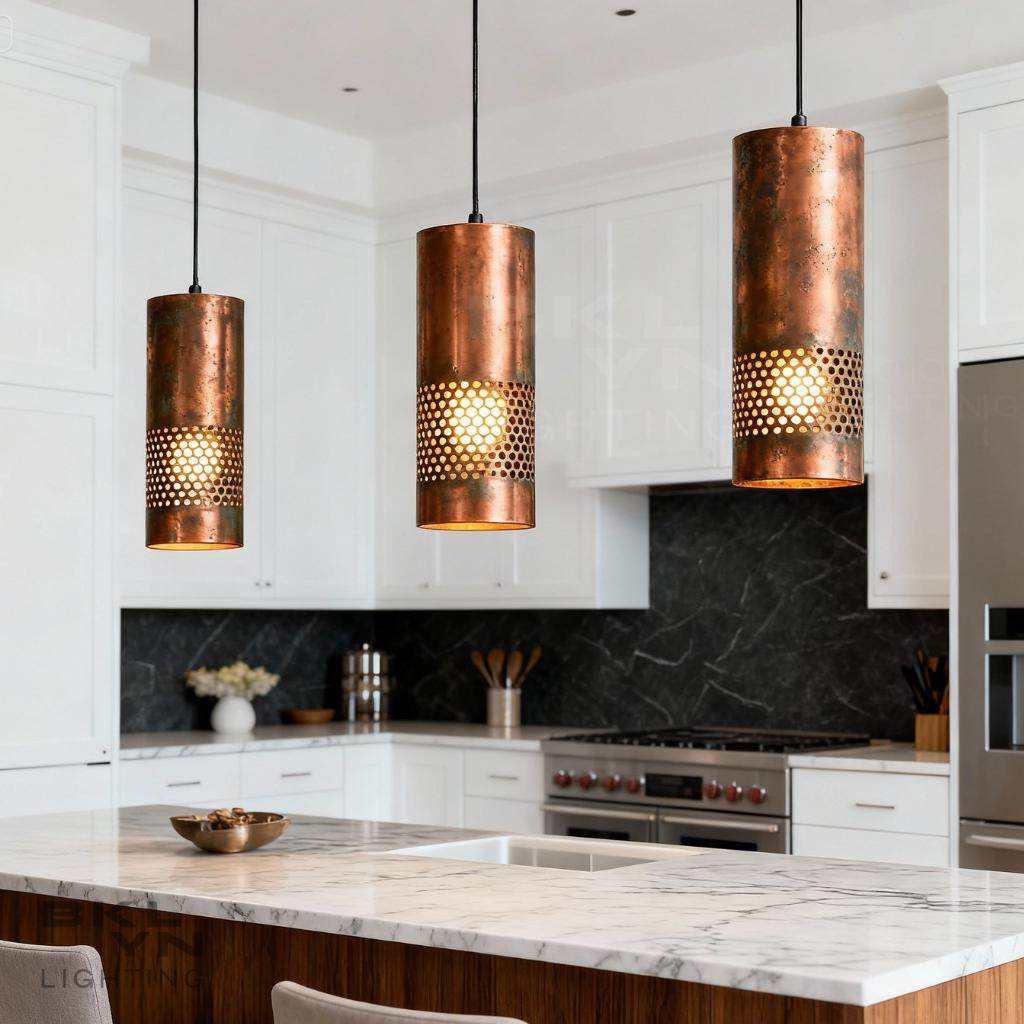 Set of 3 Green Patina Copper Pendant Lights | Handmade Industrial ...