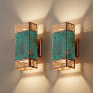 Set of 2 Green Patina Copper Wall Sconces – Modern Moroccan Wall Light – Geometric Shadow Casting Lamp – Handmade Brass Lighting