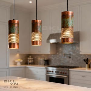 Personalized Set of 3 Green Patina Copper Pendant Lights | Handmade Industrial Kitchen Island Lighting | Rustic Farmhouse Ceiling Fixture