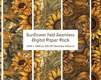 Digital Scrapbook Paper Set - Printable Backgrounds - Sunflower field seamless pattern - 5 printable patterns in jpeg