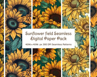Digital Scrapbook Paper Set - Printable Backgrounds - Sunflower field seamless pattern - 5 printable patterns in jpeg