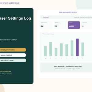 Puede incluir: Una vista previa digital de libro de trabajo Laser Settings Log con una barra lateral verde oscuro y botones etiquetados como Editable Workbook, Blank + Sample y Quick Start Guide. El área blanca muestra un panel con datos de ingresos.