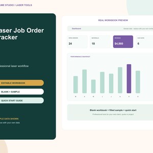 Op de afbeelding: Een digitale Laser Job Order Tracker werkmapinterface met een donkergroene zijbalk en knoppen met de tekst Editable Workbook, Blank + Sample en Quick Start Guide. Het hoofdgedeelte toont een dashboard met gegevens en een staafdiagram.