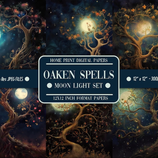 Oaken Spells Moonlight Forest Dark Galaxy Magical Tress Junk journals Set for Dreamy Creations Mystical Fantasy Background For Journaling