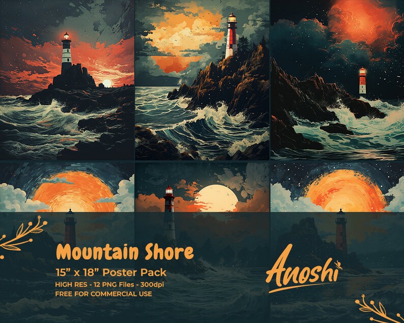 Poster Art Digital Retro Futuristic Mountain Shore Digital Printable