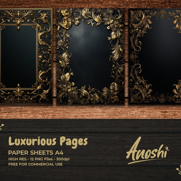 Luxurious Black Book Covers And Printable Decorative Gilded Book Covers 11.5x8.5 Pages Instant Download Digital Sheets For Commercial Use