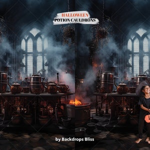 May include: Two children dressed in black costumes stand in front of a Halloween backdrop featuring a dark, smoky room with a large window and a table filled with cauldrons and other potion-making supplies. The text "HALLOWEEN POTION CAULDRONS" is visible at the top of the image. The children are holding orange pumpkin pails.