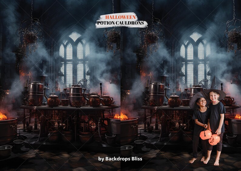 May include: Two children dressed in black costumes stand in front of a Halloween backdrop featuring a dark, smoky room with a large window and a table filled with cauldrons and other potion-making supplies. The text "HALLOWEEN POTION CAULDRONS" is visible at the top of the image. The children are holding orange pumpkin pails.