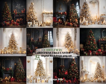 Puede incluir: Un conjunto de 12 fondos digitales de castillo de árbol de Navidad en formato png. Los fondos presentan una variedad de árboles de Navidad decorados con adornos, luces y regalos. Los fondos son perfectos para crear fotos festivas de vacaciones.